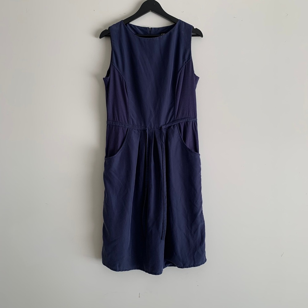 Ronen Chen Navy Blue Sleeveless Pleated Midi Dress with Pockets 4